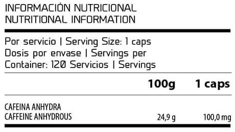 Información Nutricional Cafeína Core Series ProCell
